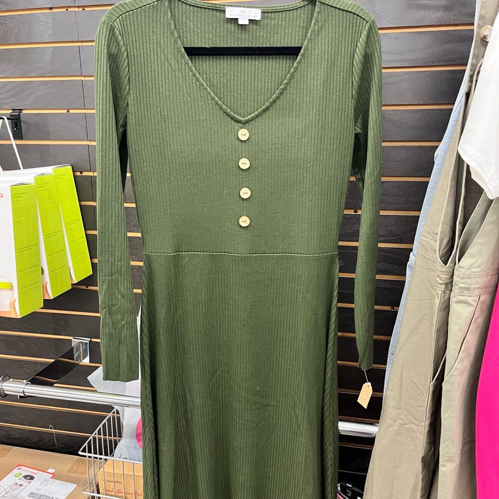 Chic Olive Long Sleeve Dress with Button Accents